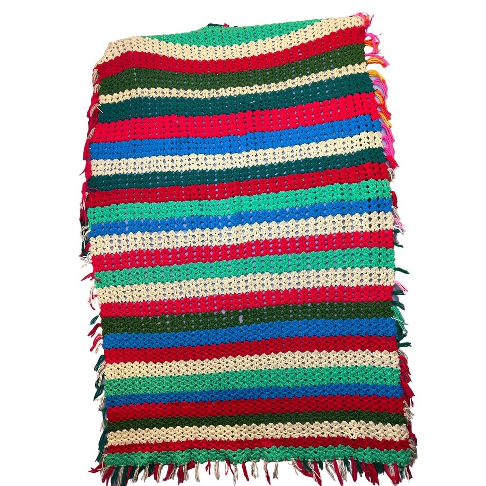 Crochet Handmade Granny Afghan Throw Blanket Colorful Rainbow Striped 23” x 42”